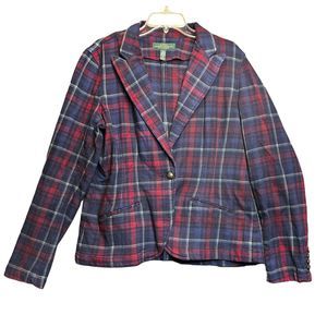 Lauren Ralph Lauren Classic Plaid Cotton Blazer Equestrian Jacket Size 16 Blue